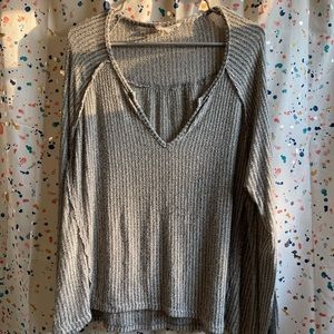 Grey striped long sleeve light weight sweater